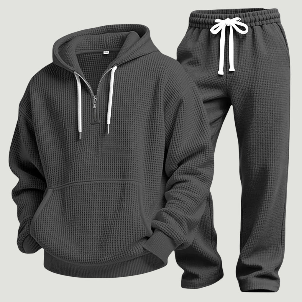Men's Waffle-Knit Tracksuit – Relaxed Half-Zip Hoodie and Joggers