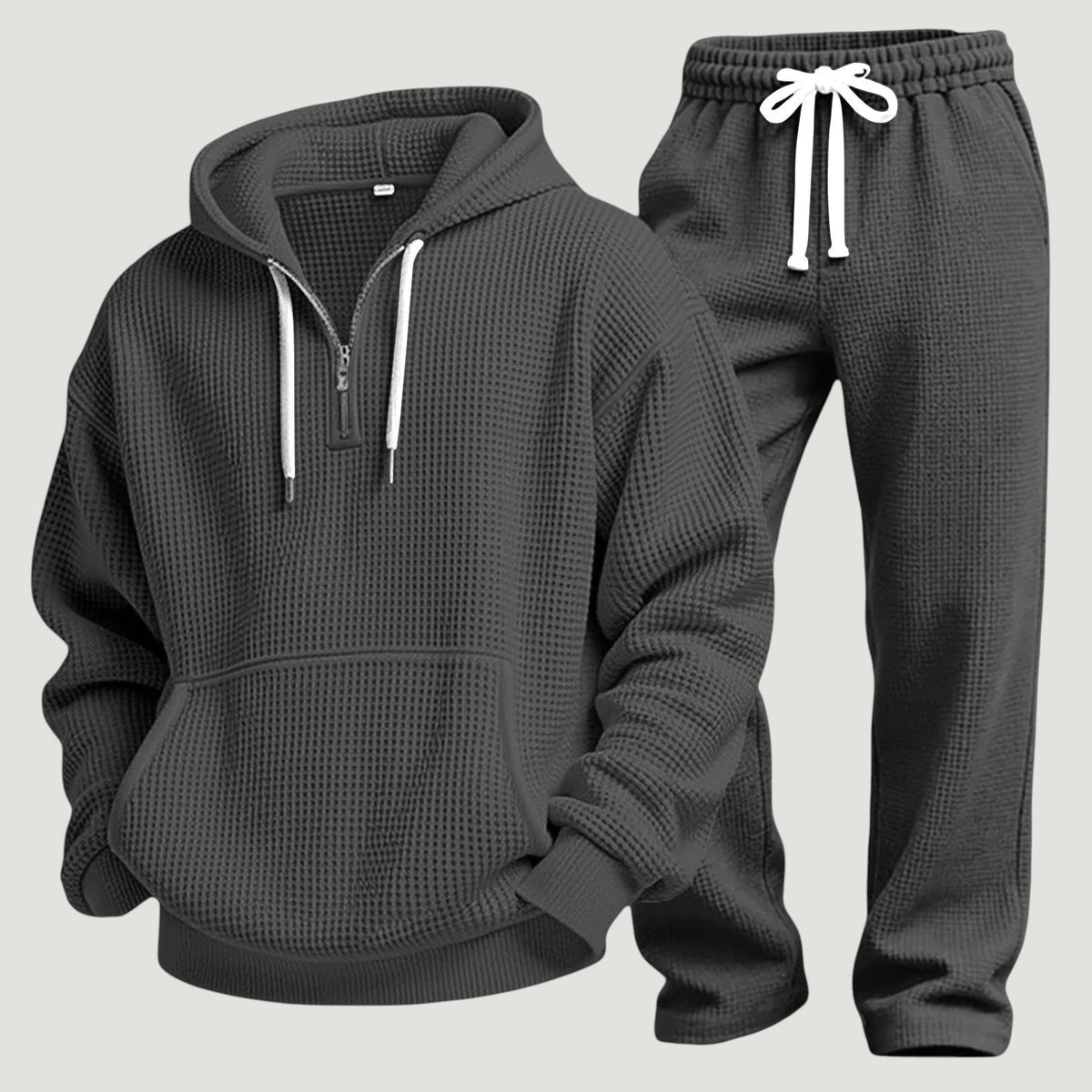 Men's Waffle-Knit Tracksuit – Relaxed Half-Zip Hoodie and Joggers