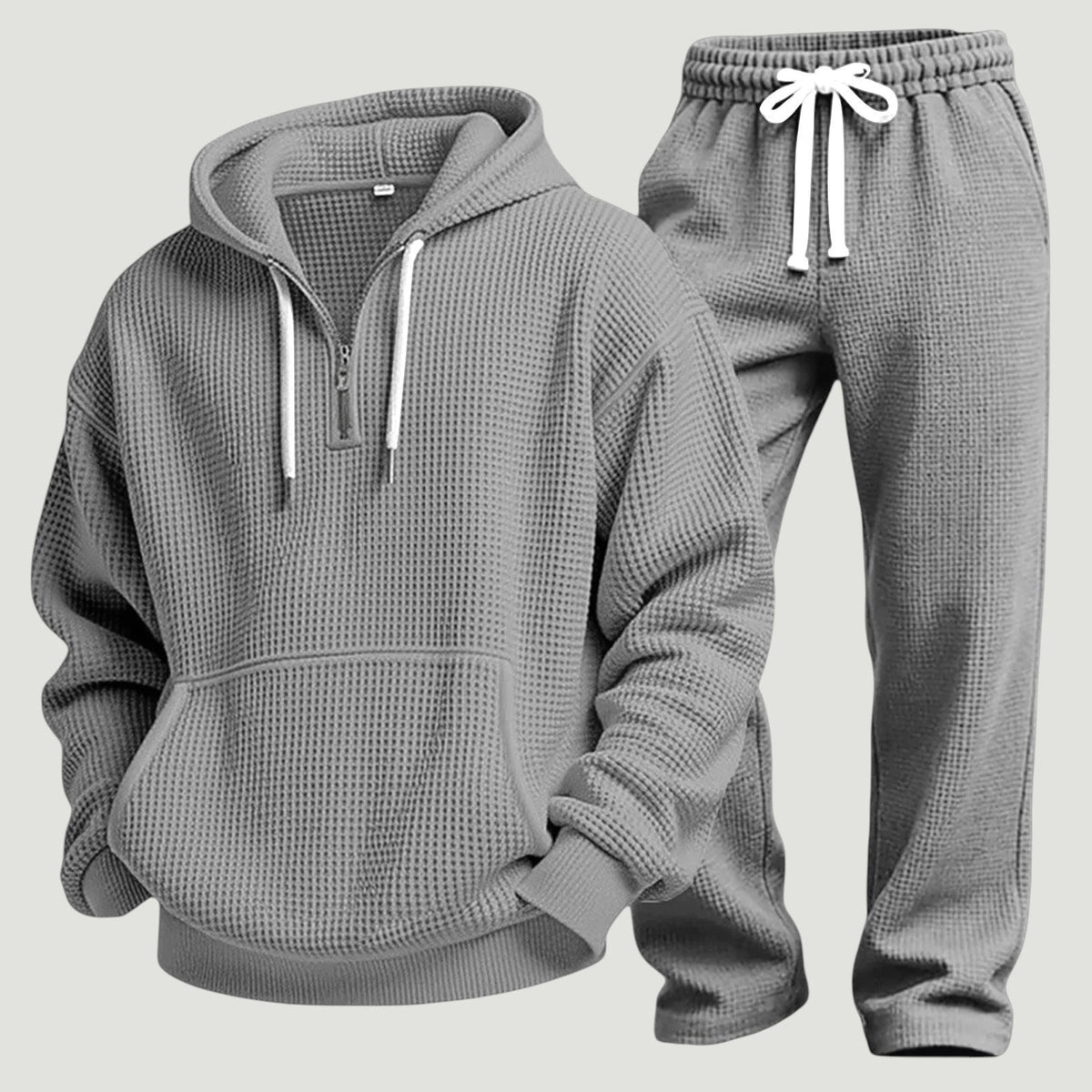 Men's Waffle-Knit Tracksuit – Relaxed Half-Zip Hoodie and Joggers