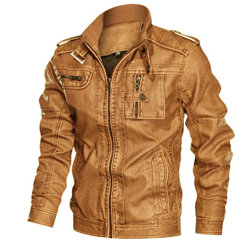 Men's Distressed Faux Leather Jacket with Stand Collar and Zip Pockets