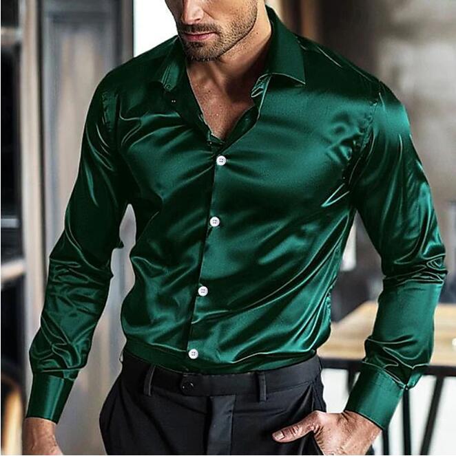 Men's Satin Button-Up Shirt – Slim-Fit Long-Sleeve Dress Shirt