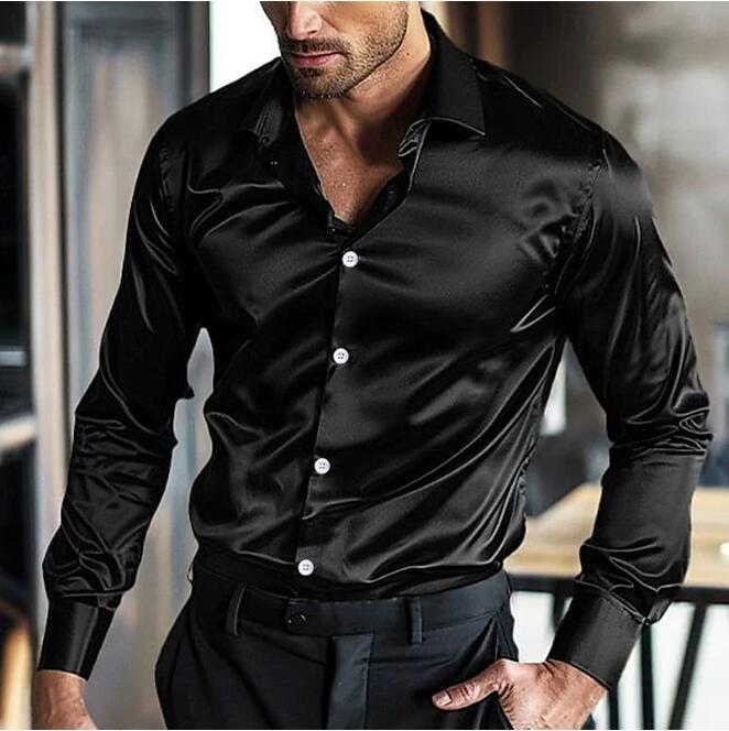 Men's Satin Button-Up Shirt – Slim-Fit Long-Sleeve Dress Shirt