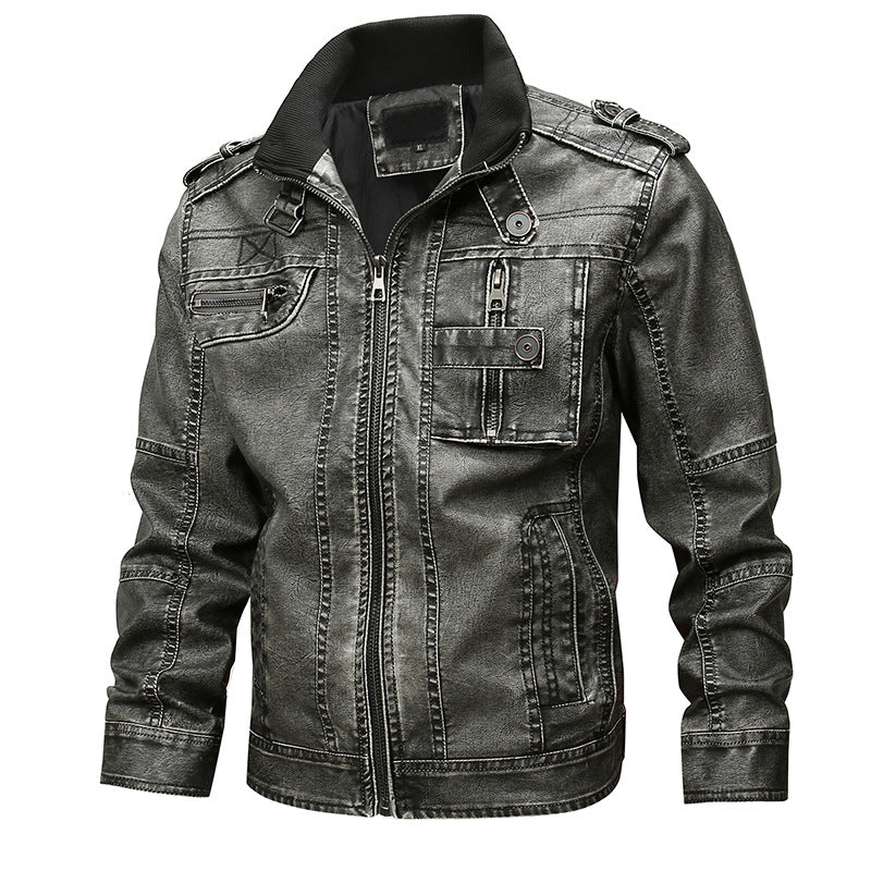 Men's Distressed Faux Leather Jacket with Stand Collar and Zip Pockets