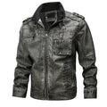 Men's Distressed Faux Leather Jacket with Stand Collar and Zip Pockets