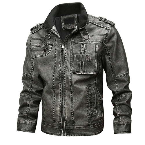 Men's Distressed Faux Leather Jacket with Stand Collar and Zip Pockets