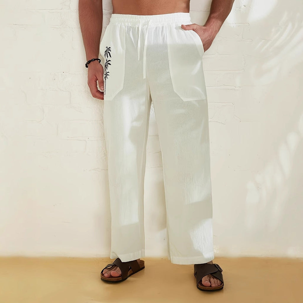Men's Relaxed linen-look Trousers – Wide-Leg Drawstring Pants