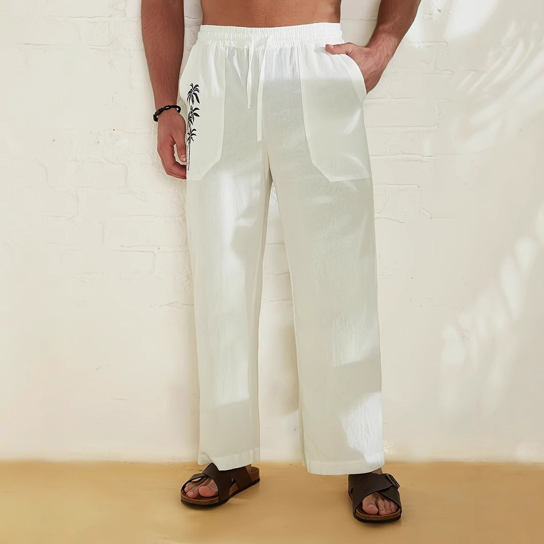 Men's Relaxed linen-look Trousers – Wide-Leg Drawstring Pants