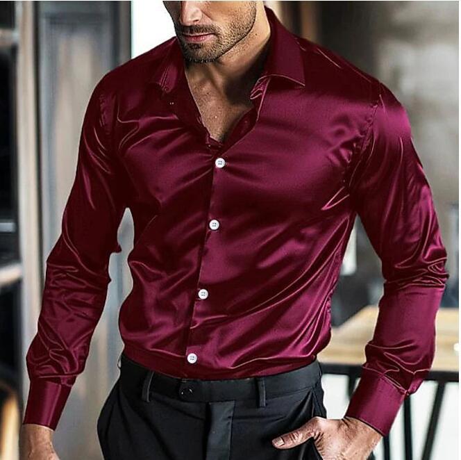Men's Satin Button-Up Shirt – Slim-Fit Long-Sleeve Dress Shirt