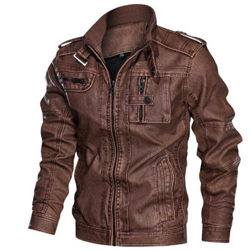 Men's Distressed Faux Leather Jacket with Stand Collar and Zip Pockets