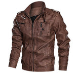 Men's Distressed Faux Leather Jacket with Stand Collar and Zip Pockets