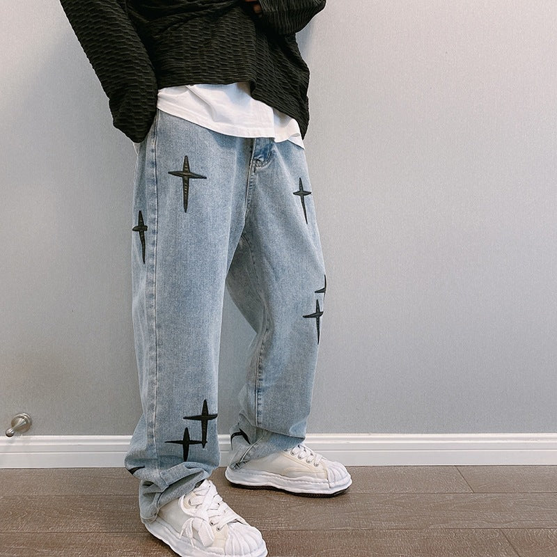 Men's Graphic Baggy Wide-Leg Jeans – Relaxed Streetwear Denim