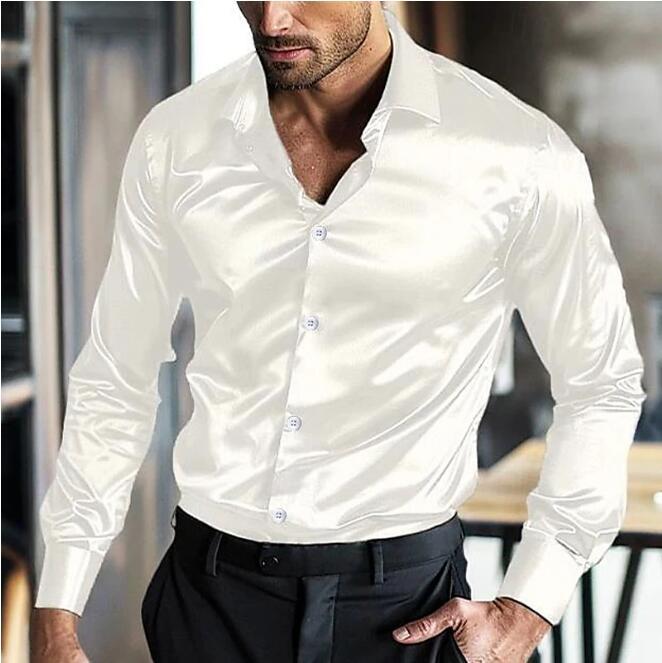 Men's Satin Button-Up Shirt – Slim-Fit Long-Sleeve Dress Shirt