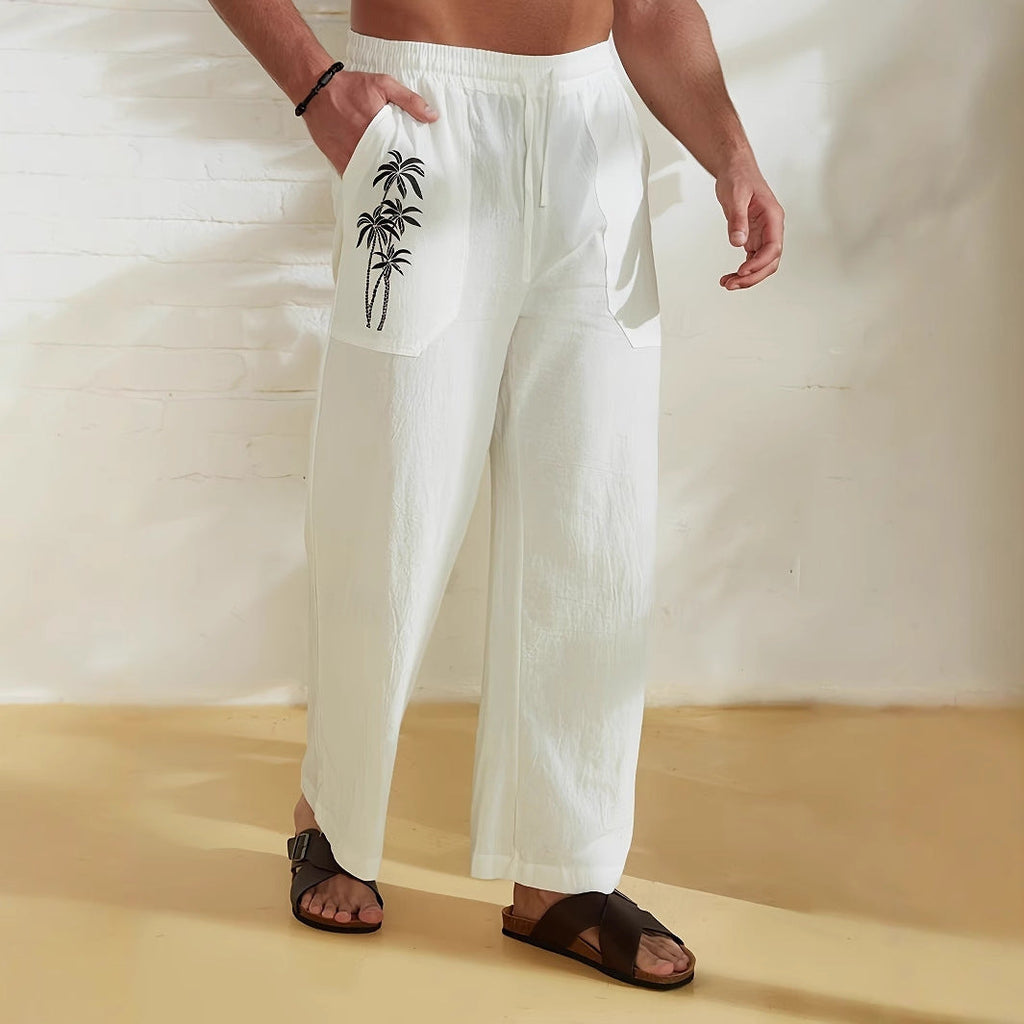 Men's Relaxed linen-look Trousers – Wide-Leg Drawstring Pants