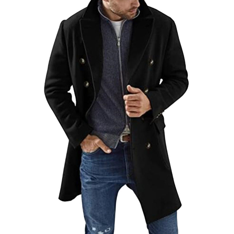 Men's Double-Breasted Tailored Overcoat – Classic Notch Lapel Mid-Length