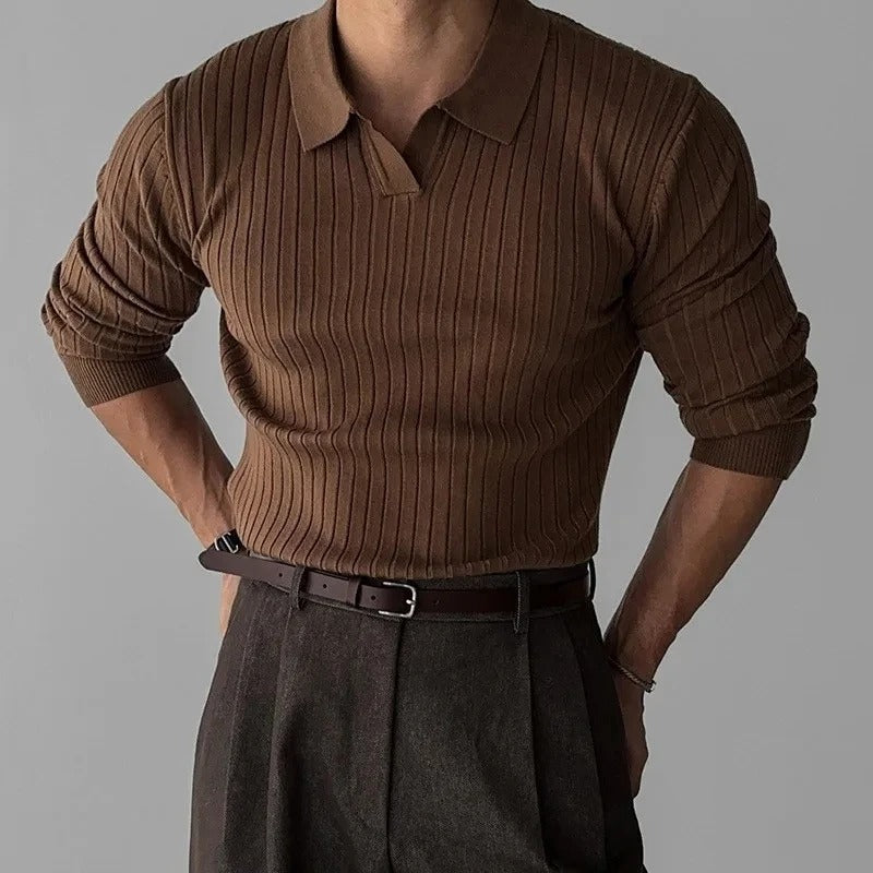 Men's Ribbed Long Sleeve Polo Shirt