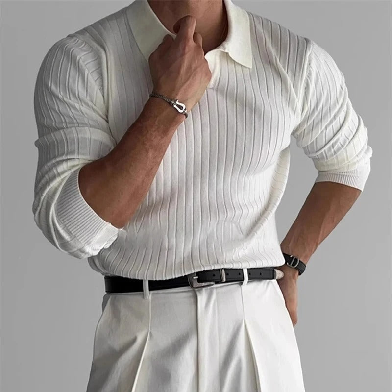 Men's Ribbed Long Sleeve Polo Shirt