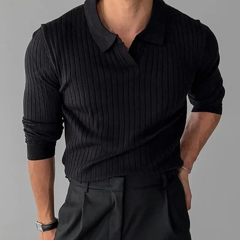 Men's Ribbed Long Sleeve Polo Shirt