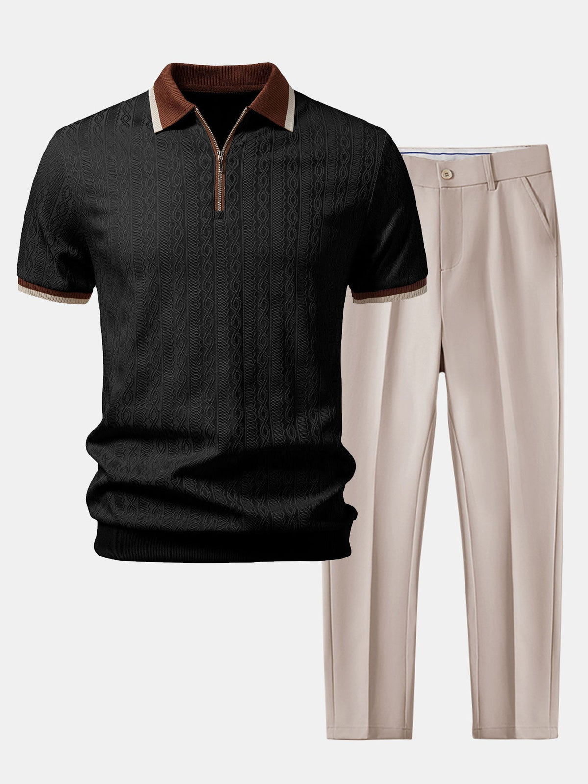 Men's Textured Zip Polo and Slim Trouser Set