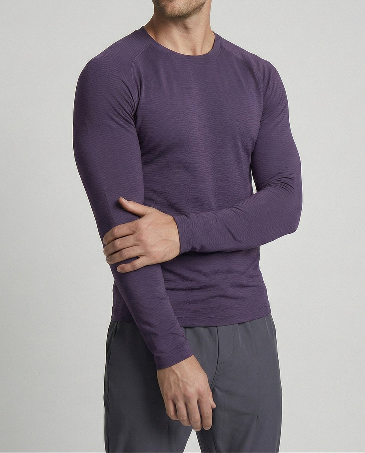Men's Slim Fit Long Sleeve Athletic Top – Textured Crew Neck Stretch Shirt