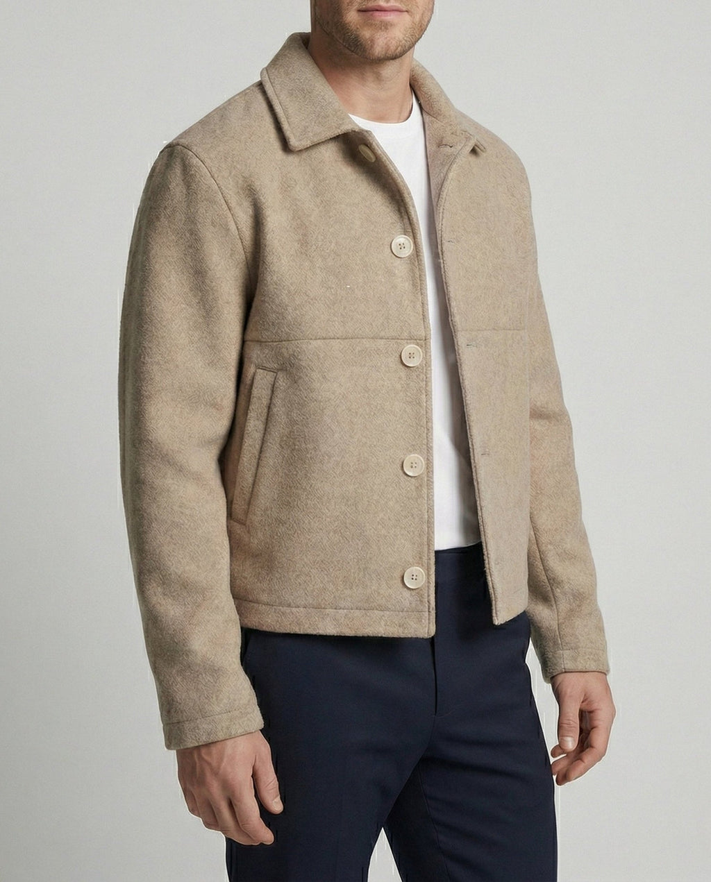 Men's Short Wool Blend Jacket – Button Front Collared Outerwear