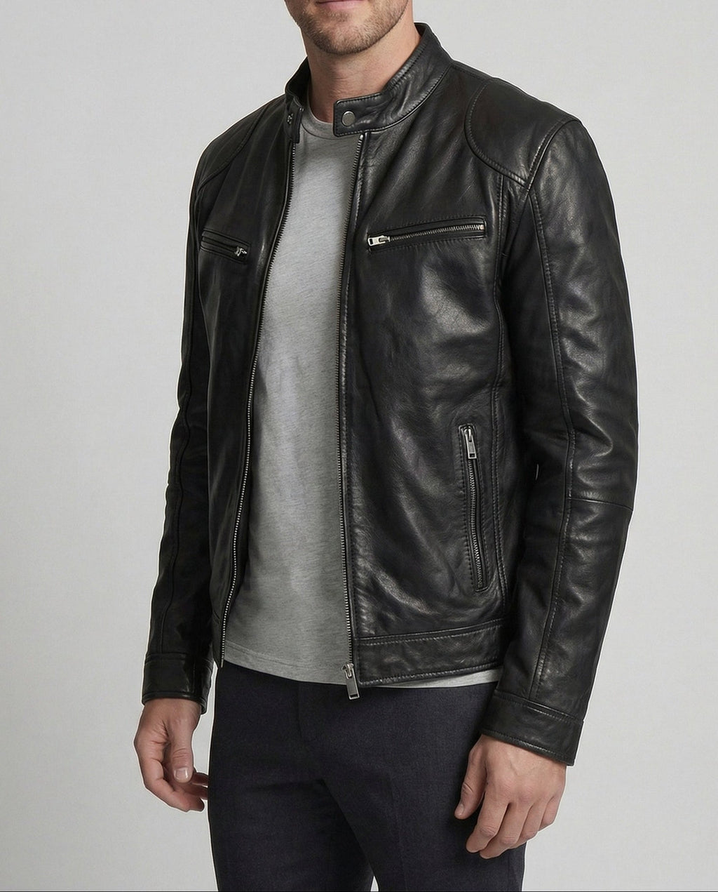 Men's Leather-Look Racer Jacket with Stand Collar