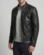 Men's Leather-Look Racer Jacket with Stand Collar