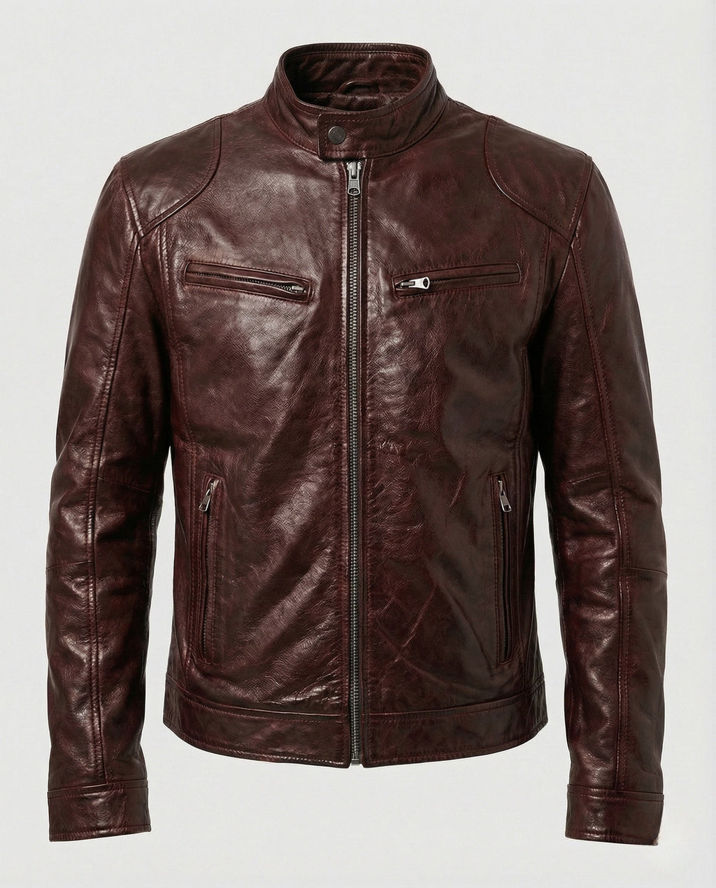 Men's Leather-Look Racer Jacket with Stand Collar