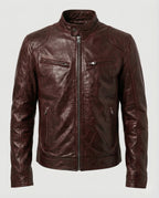 Men's Leather-Look Racer Jacket with Stand Collar