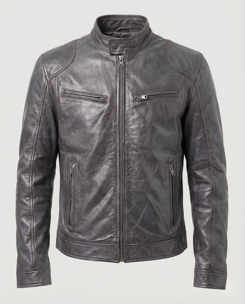 Men's Leather-Look Racer Jacket with Stand Collar