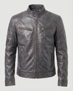 Men's Leather-Look Racer Jacket with Stand Collar