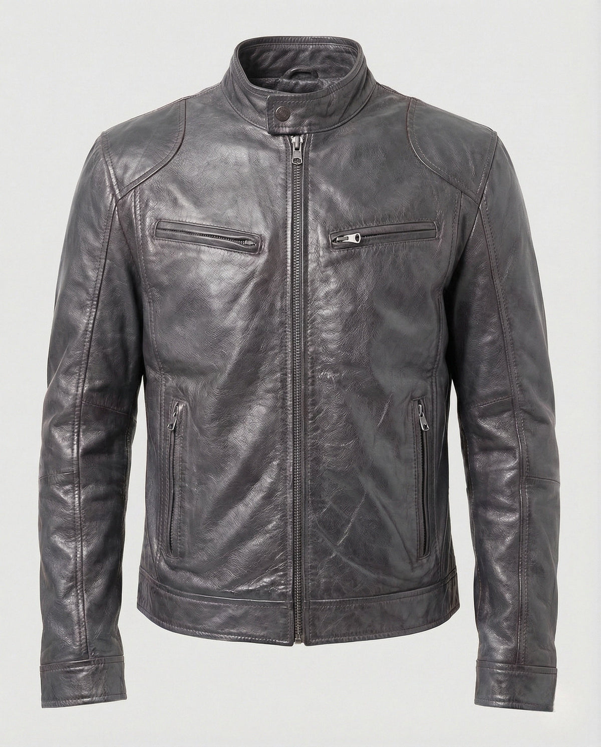 Men's Leather-Look Racer Jacket with Stand Collar