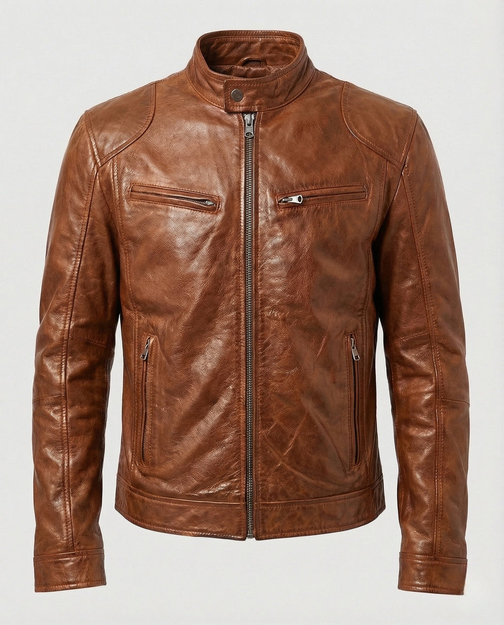 Men's Leather-Look Racer Jacket with Stand Collar