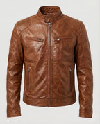 Men's Leather-Look Racer Jacket with Stand Collar