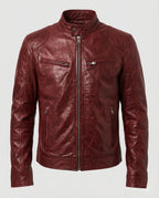 Men's Leather-Look Racer Jacket with Stand Collar