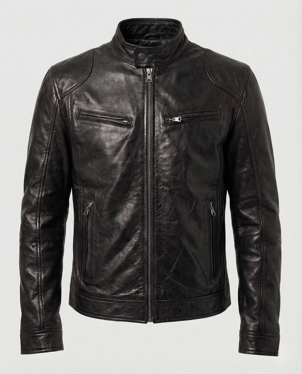 Men's Leather-Look Racer Jacket with Stand Collar