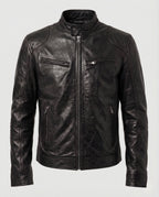 Men's Leather-Look Racer Jacket with Stand Collar