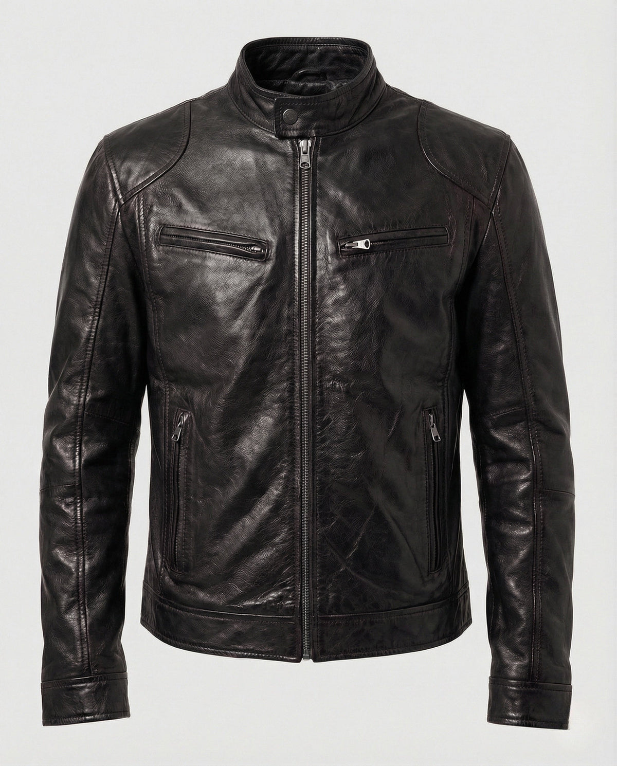 Men's Leather-Look Racer Jacket with Stand Collar