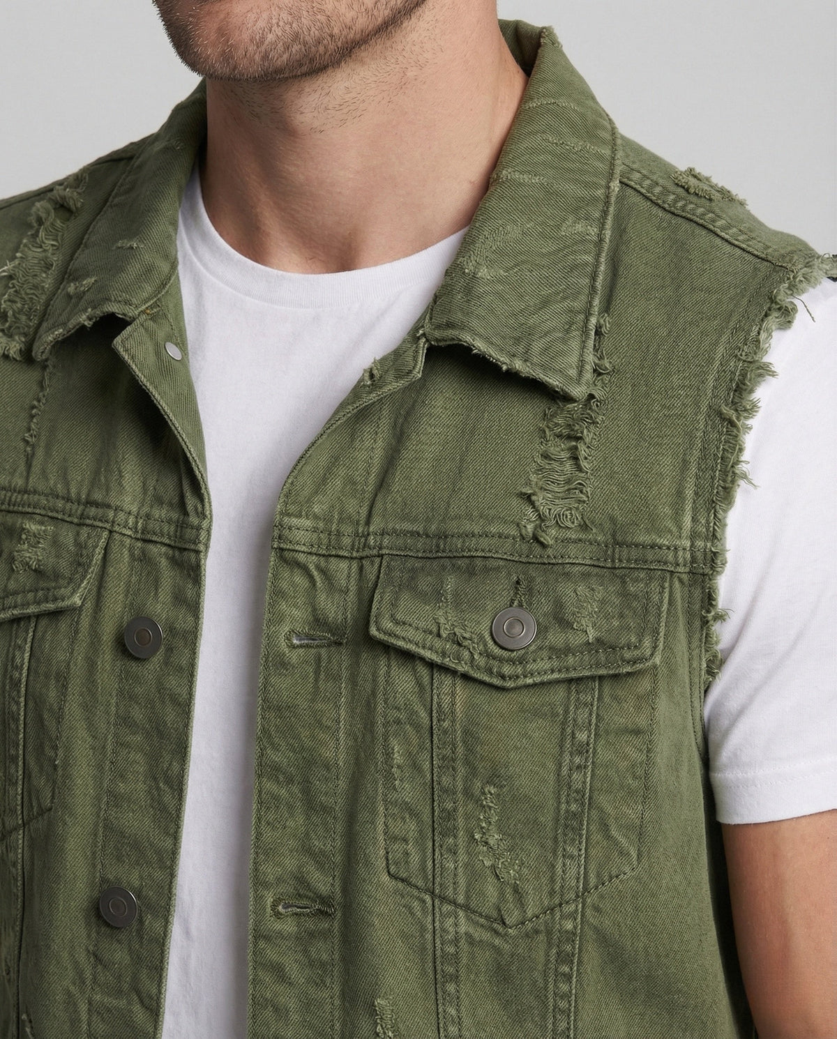 Men's Distressed Denim Waistcoat with Frayed Armholes