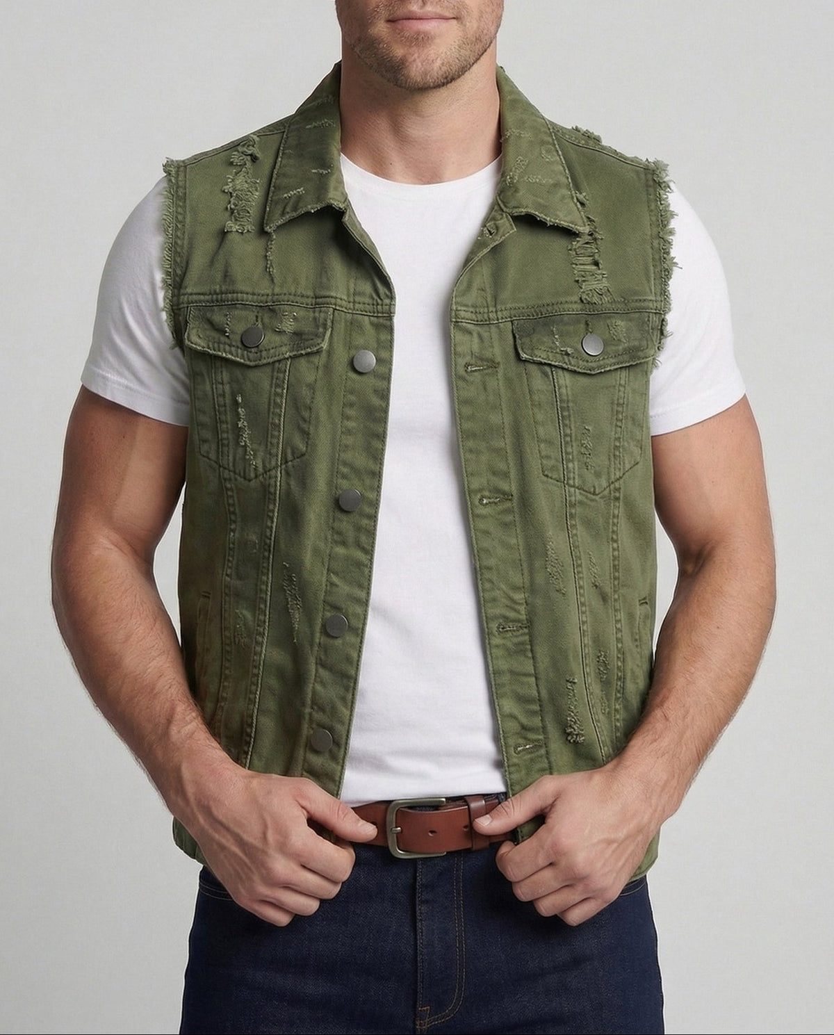 Men's Distressed Denim Waistcoat with Frayed Armholes