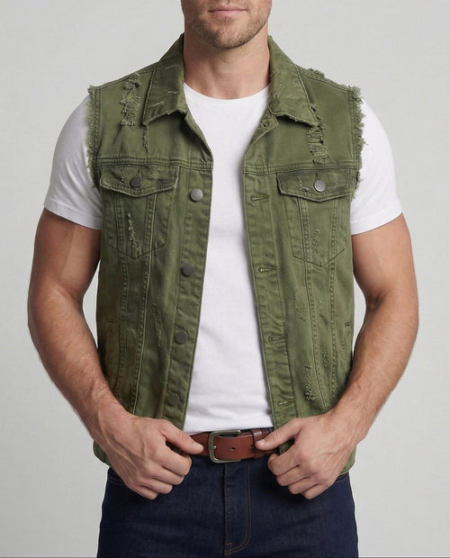 Men's Distressed Denim Waistcoat with Frayed Armholes