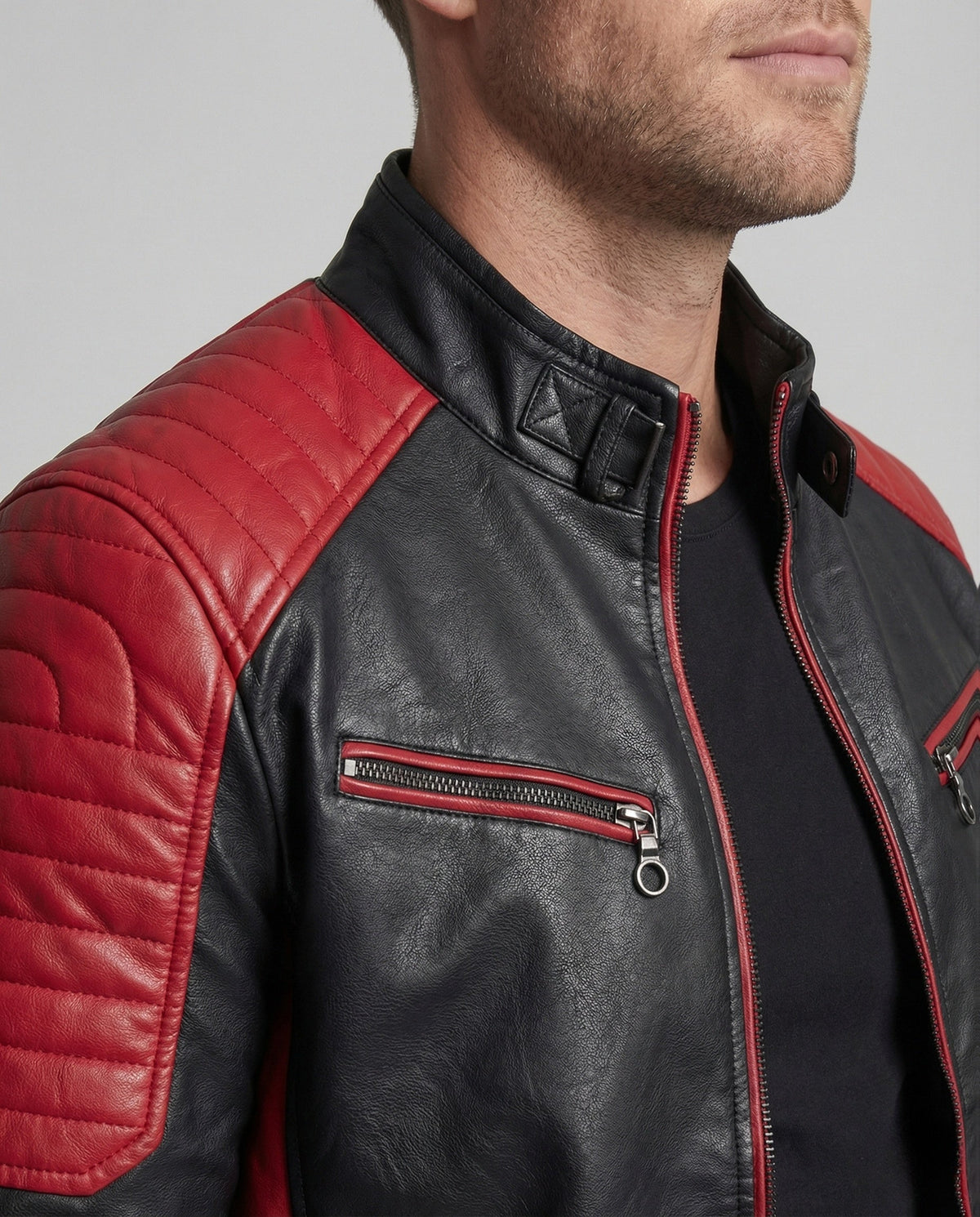 Men's Slim-Fit Leather-Look Biker Jacket with Quilted Panels