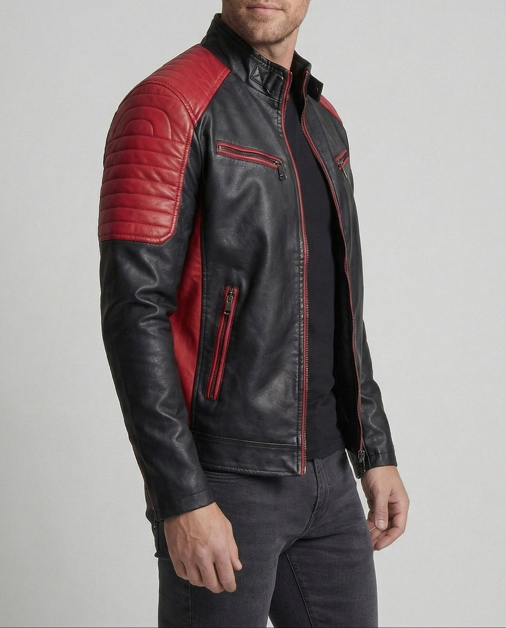 Men's Slim-Fit Leather-Look Biker Jacket with Quilted Panels