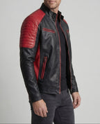Men's Slim-Fit Leather-Look Biker Jacket with Quilted Panels