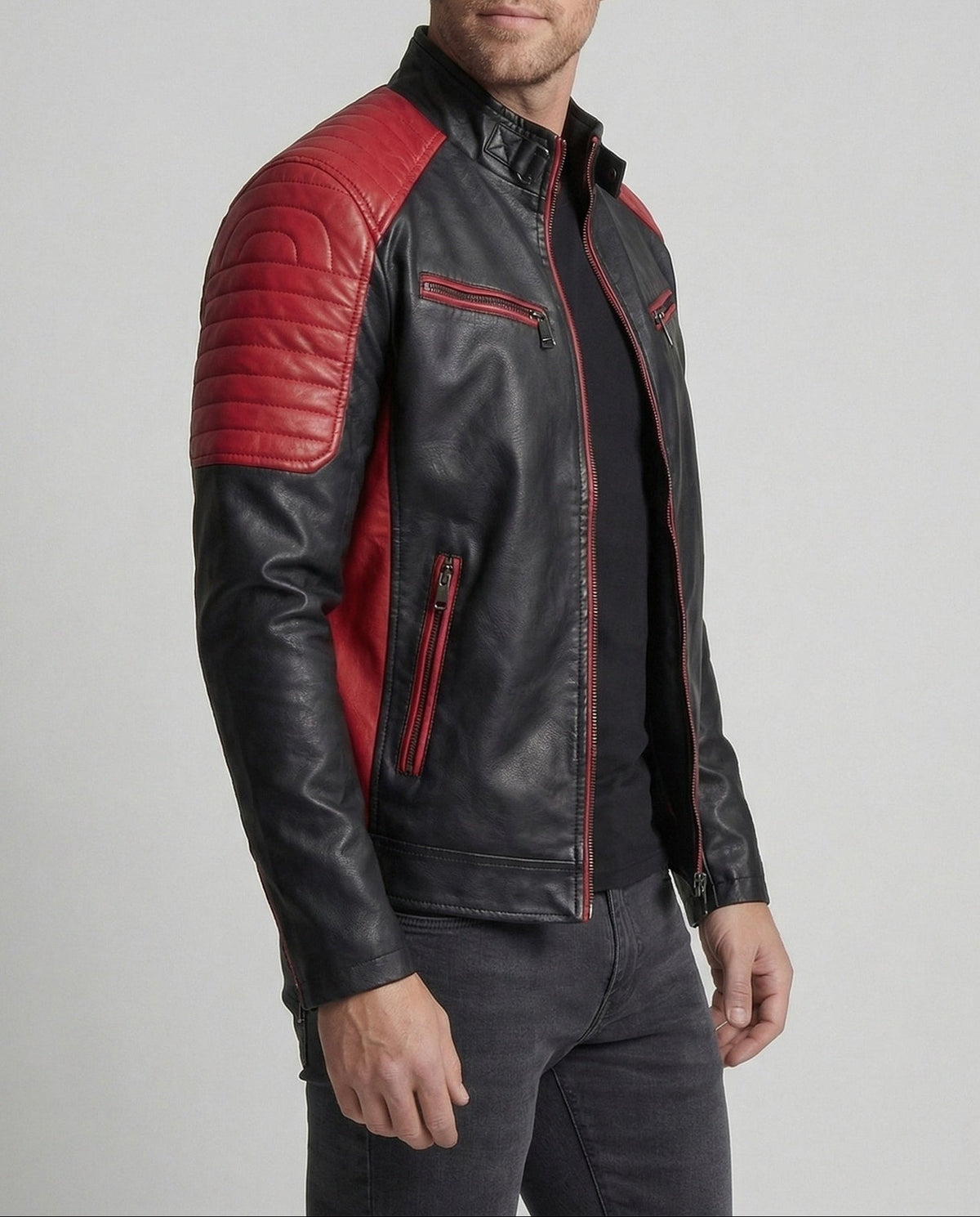 Men's Slim-Fit Leather-Look Biker Jacket with Quilted Panels