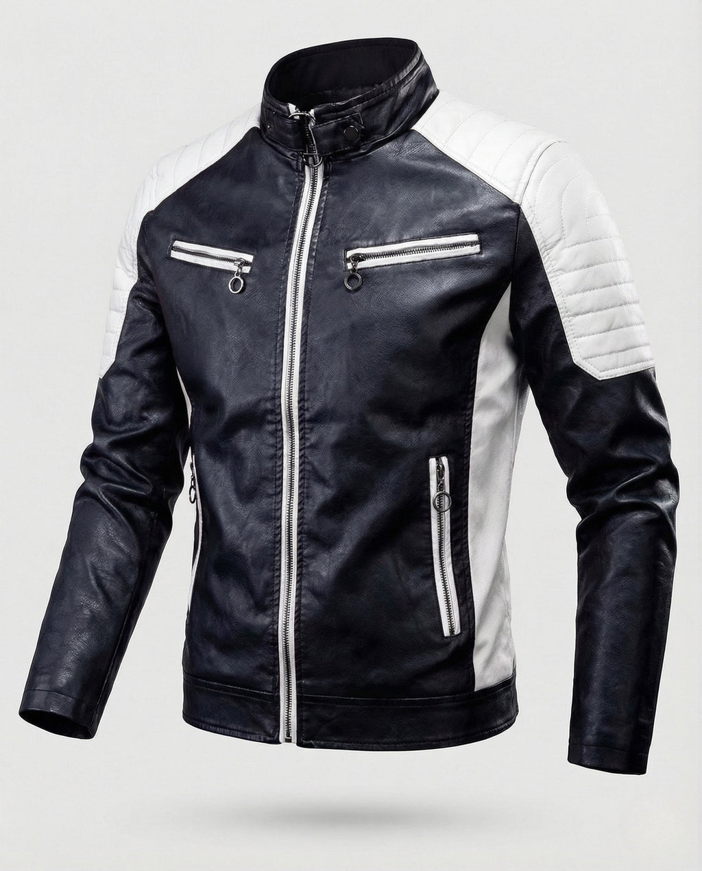 Men's Slim-Fit Leather-Look Biker Jacket with Quilted Panels