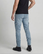 Men's Slim Fit Cargo Jeans with Flap Pockets and Frayed Hems