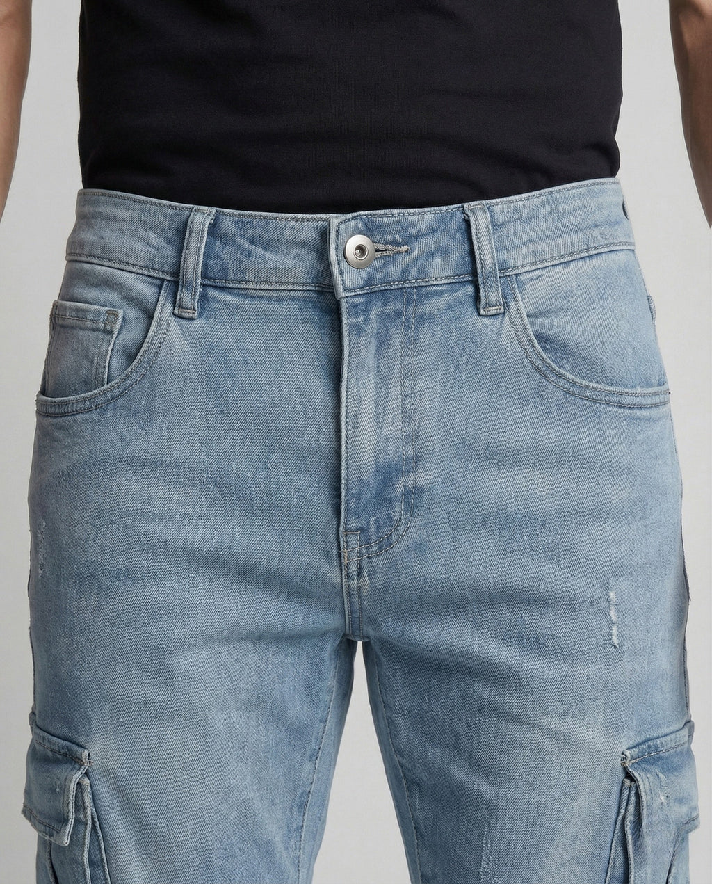 Men's Slim Fit Cargo Jeans with Flap Pockets and Frayed Hems