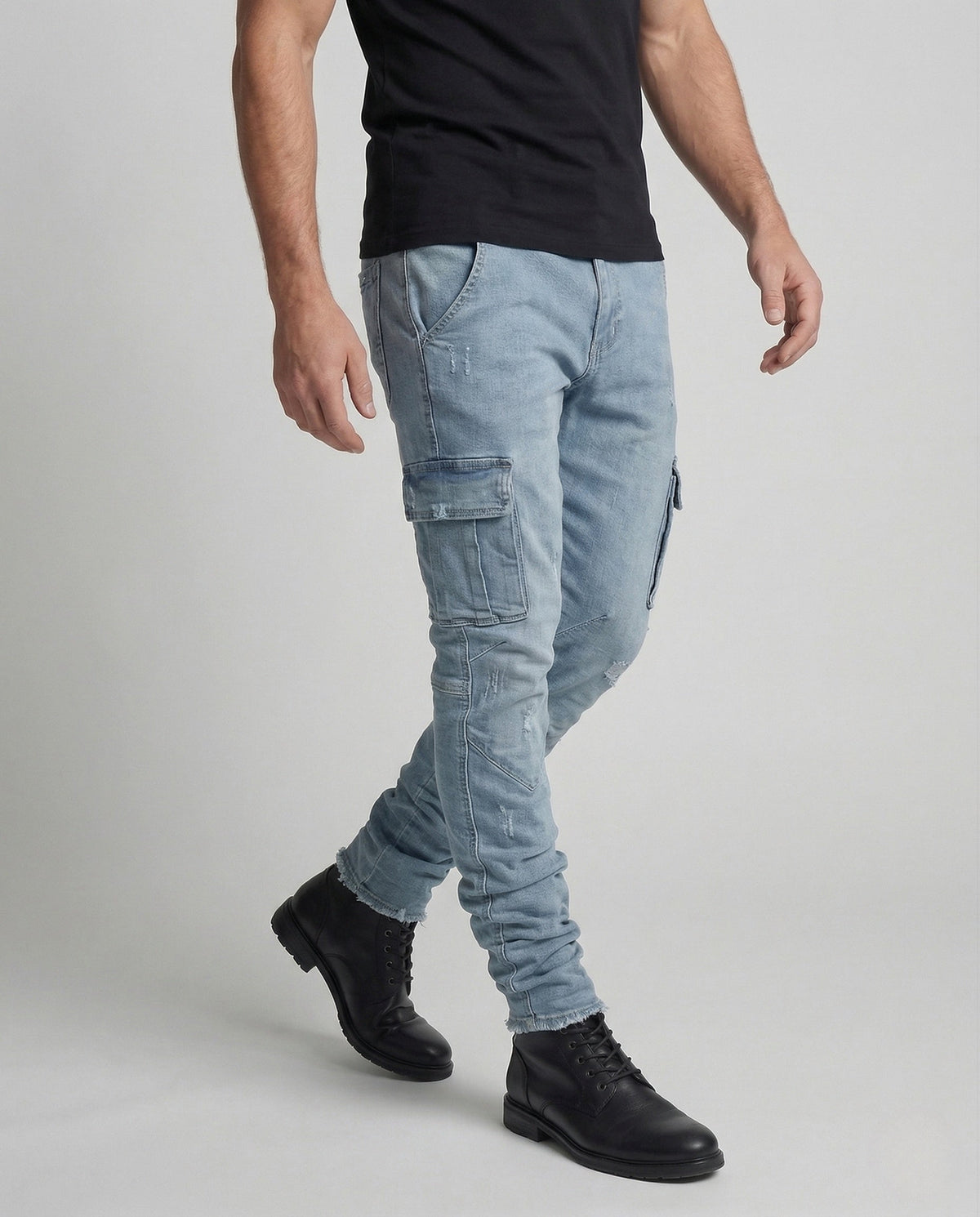 Men's Slim Fit Cargo Jeans with Flap Pockets and Frayed Hems