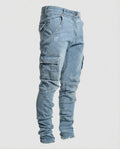 Men's Slim Fit Cargo Jeans with Flap Pockets and Frayed Hems
