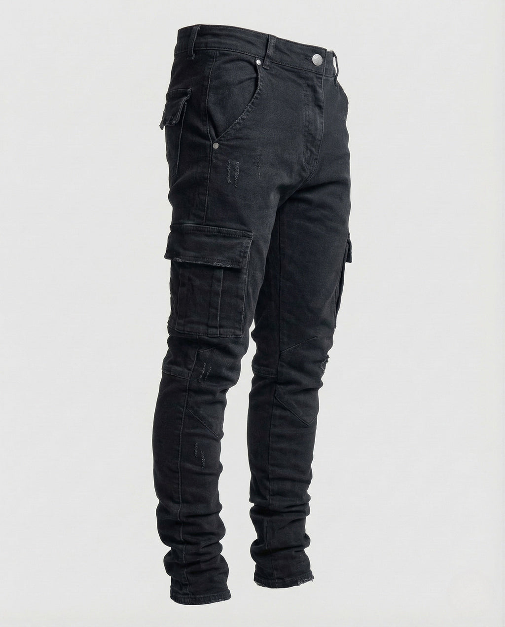 Men's Slim Fit Cargo Jeans with Flap Pockets and Frayed Hems